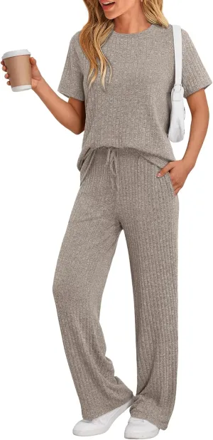 LILLUSORY 2 Piece Lounge Sets for Women Matching Summer Outfits Casual Ribbed Knit Pajamas Wide Leg Pants Trendy Clothes 2025