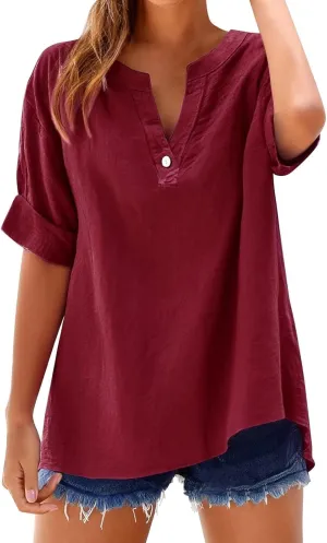 Linen Blouses for Women Short Sleeve Trendy Tops Button Down V Neck Shirt Summer Vacation Shirts 2025 Trendy Tops Tees