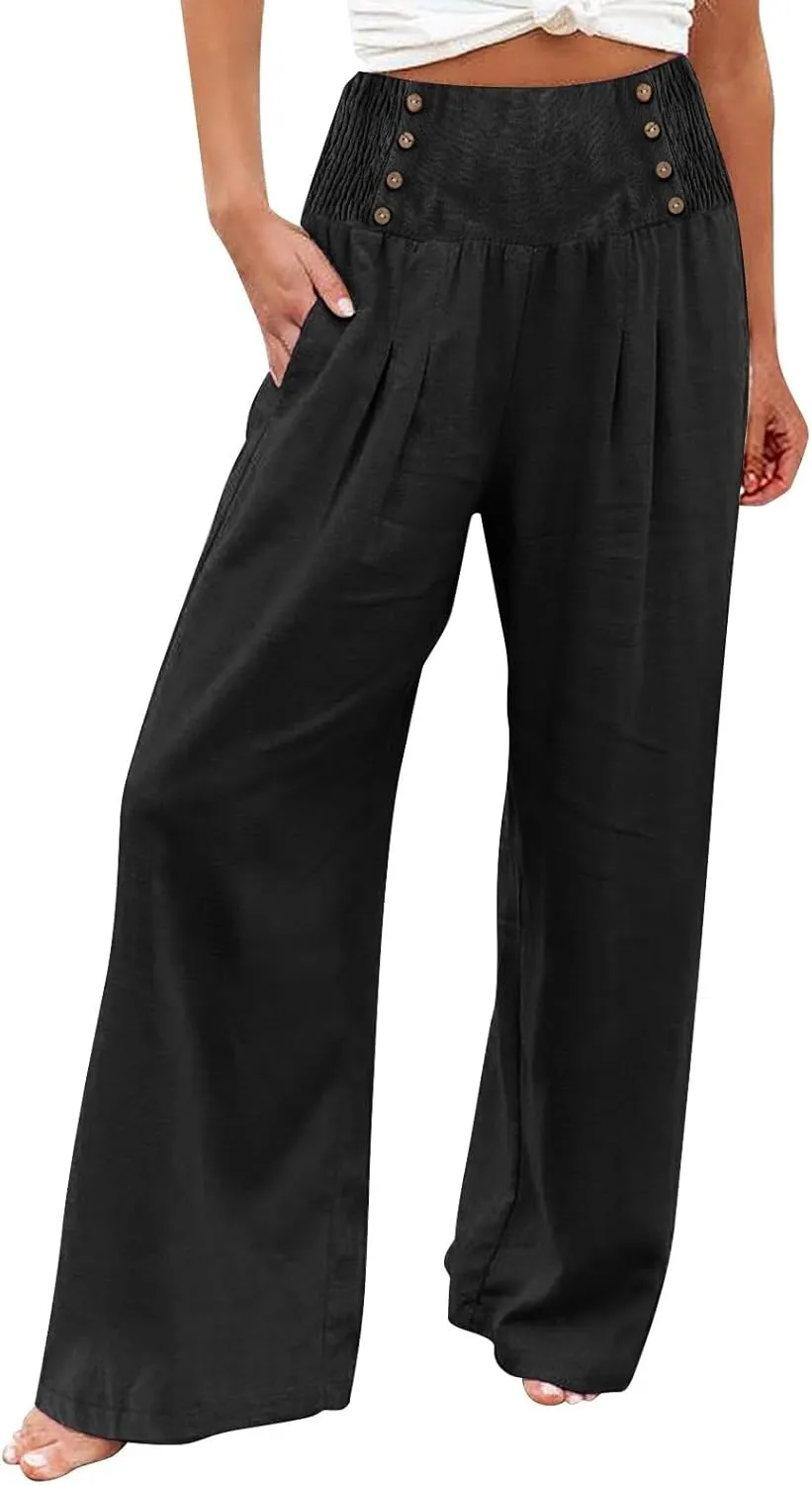 Linen Pants for Women Flowy Elastic High Waisted Wide Leg Pants Summer Lounge Pants Loose Palazzo Pants