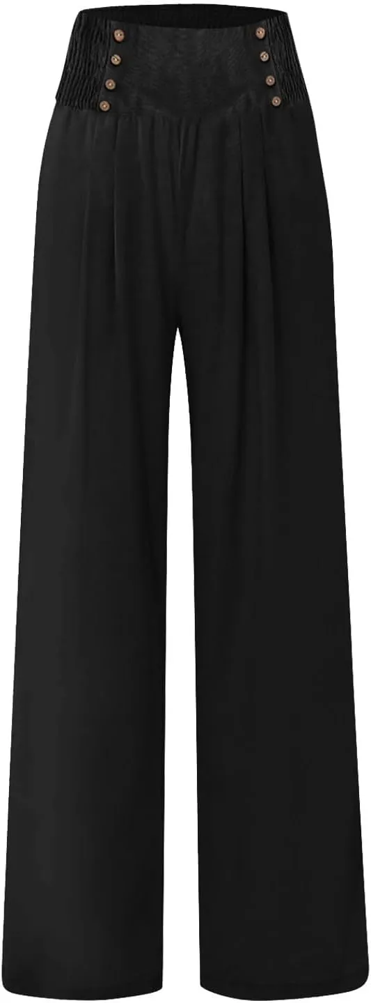 Linen Pants for Women Flowy Elastic High Waisted Wide Leg Pants Summer Lounge Pants Loose Palazzo Pants