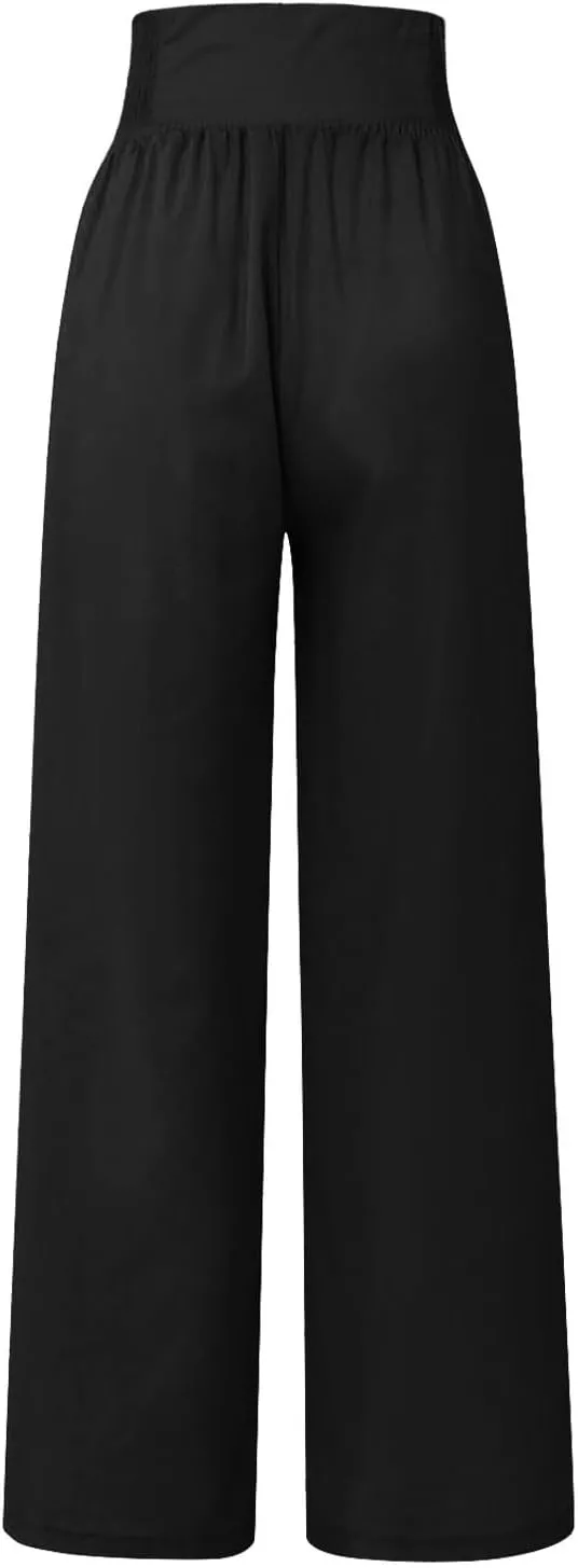 Linen Pants for Women Flowy Elastic High Waisted Wide Leg Pants Summer Lounge Pants Loose Palazzo Pants