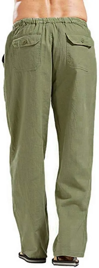Linen Pants Men Big Tall Casual Cotton Yoga Pants with Pockets Drawstring Elastic Waist Straight-Leg Lightweight Trousers