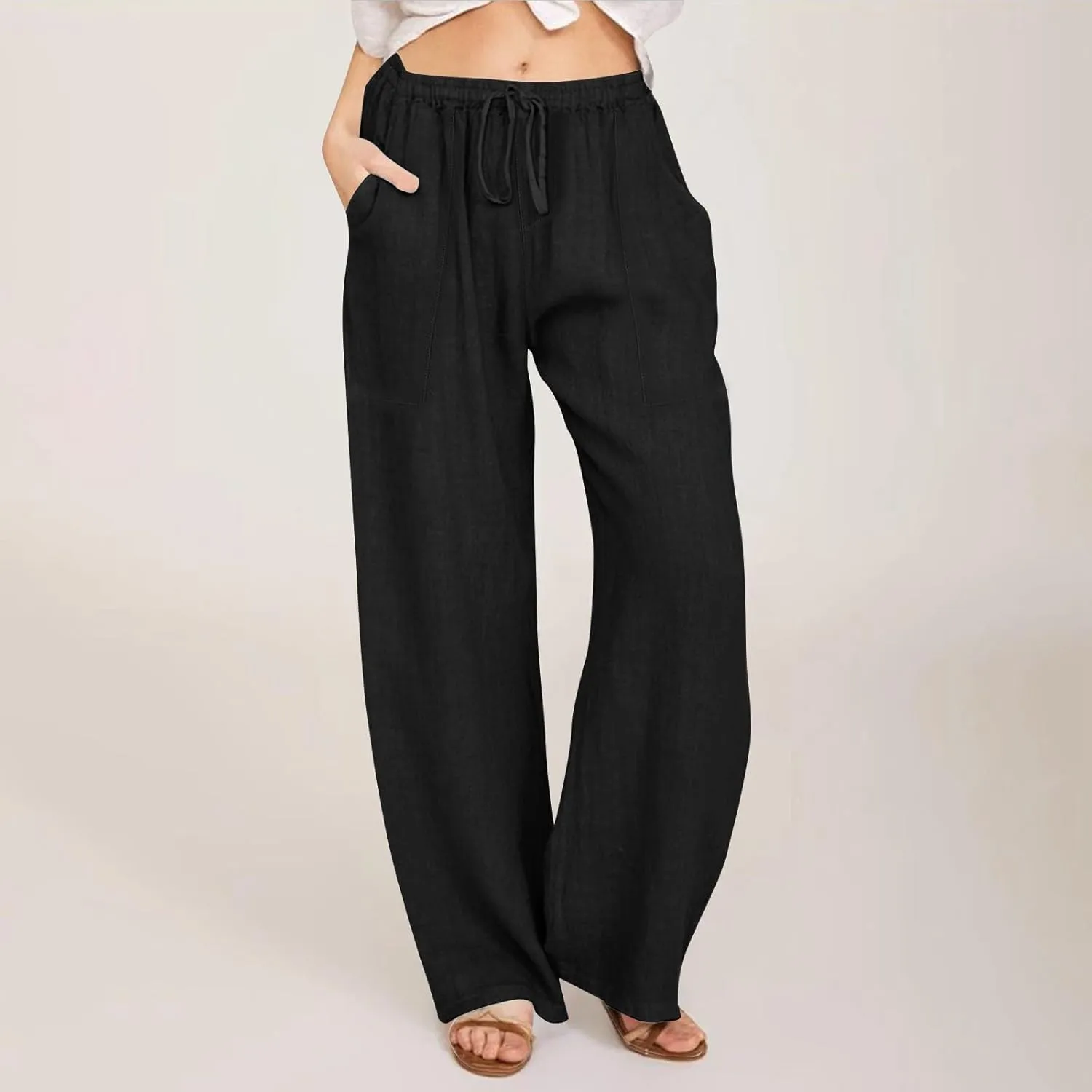 Linen Pants Women Summer High Waisted Pants Wide Leg Lounge Pants Beach Trouser Pants with Pockets
