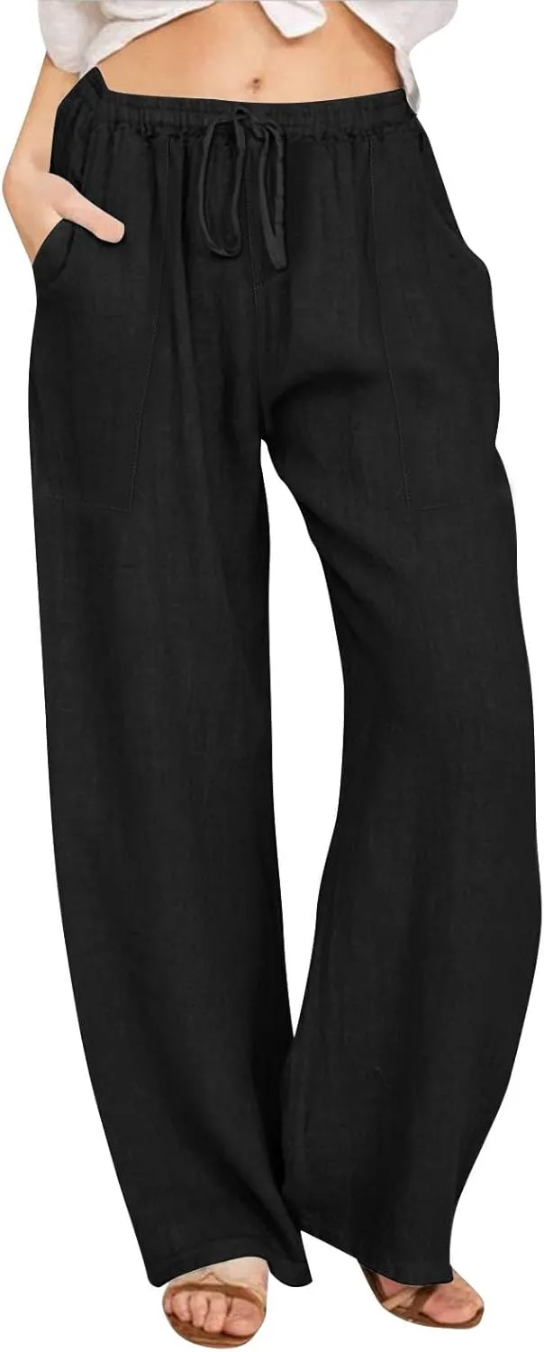 Linen Pants Women Summer High Waisted Pants Wide Leg Lounge Pants Beach Trouser Pants with Pockets