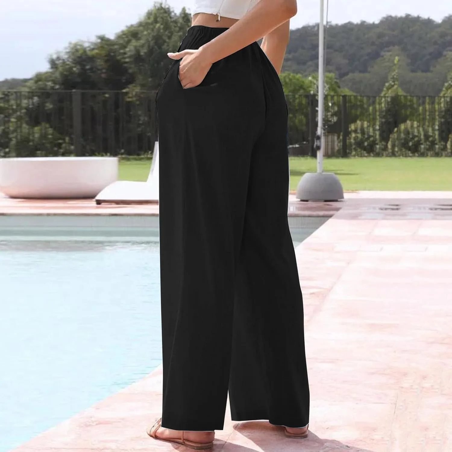 Linen Pants Women Summer High Waisted Pants Wide Leg Lounge Pants Beach Trouser Pants with Pockets