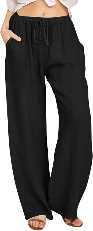 Linen Pants Women Summer High Waisted Pants Wide Leg Lounge Pants Beach Trouser Pants with Pockets