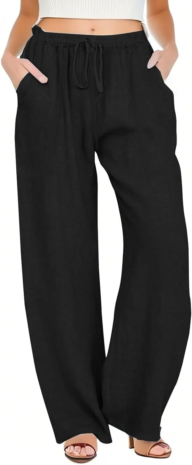 Linen Pants Women Summer High Waisted Pants Wide Leg Lounge Pants Beach Trouser Pants with Pockets