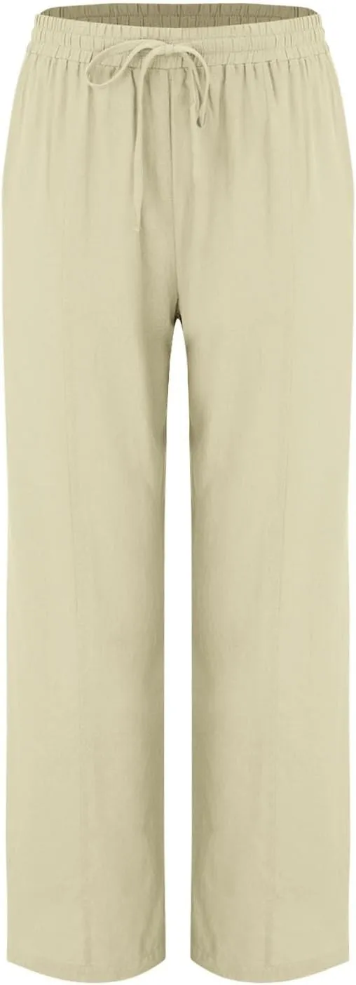 Linen Pants Women Summer Wide Leg Pants Drawstring Elastic Waist Pants High Waisted Lounge Pants Casual Beach Trousers