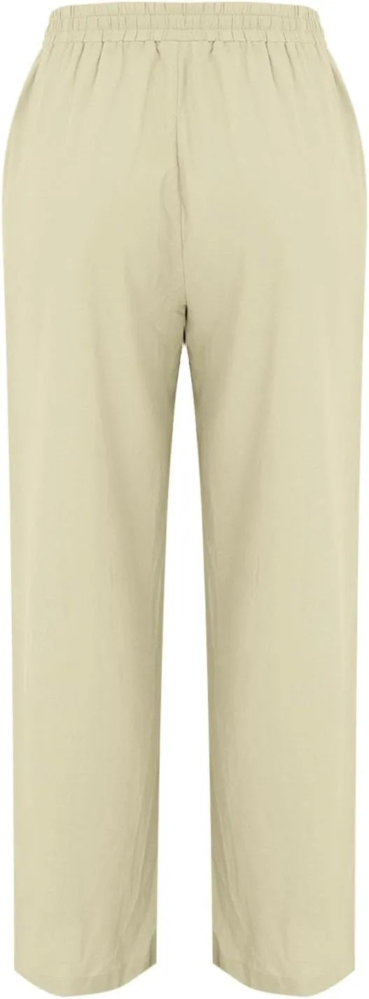 Linen Pants Women Summer Wide Leg Pants Drawstring Elastic Waist Pants High Waisted Lounge Pants Casual Beach Trousers