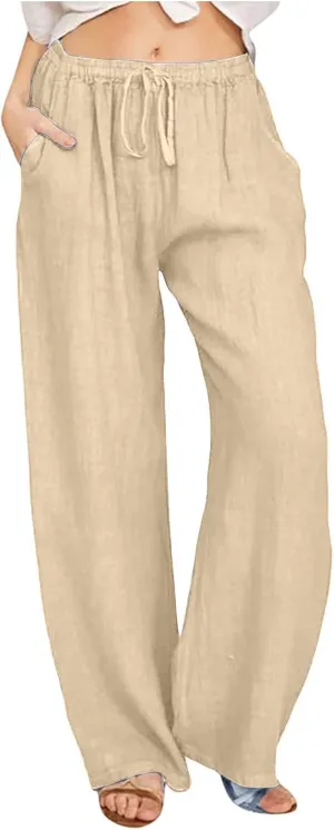 Linen Pants Women Summer Wide Leg Pants Drawstring Elastic Waist Pants High Waisted Lounge Pants Casual Beach Trousers