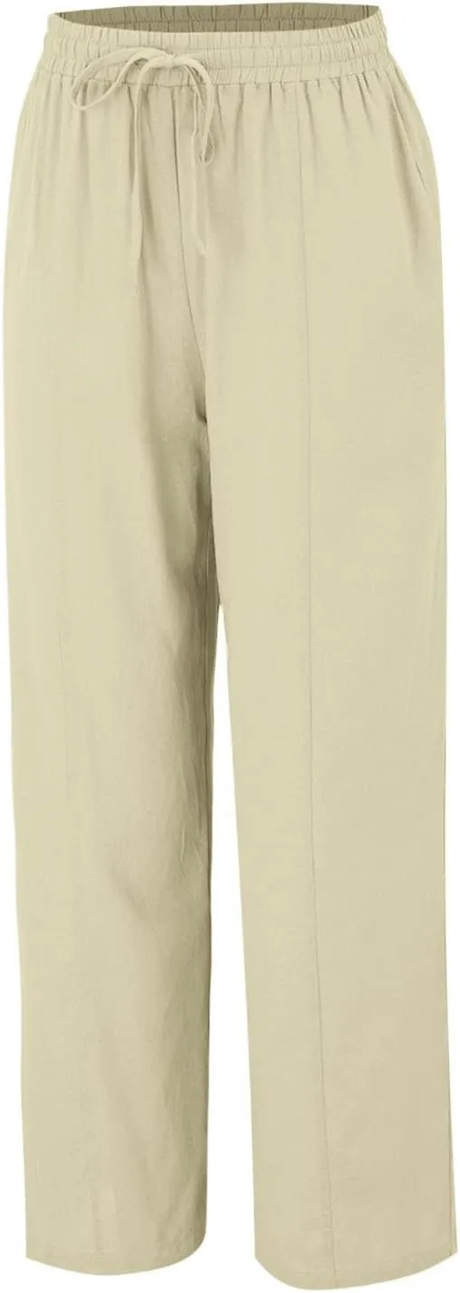Linen Pants Women Summer Wide Leg Pants Drawstring Elastic Waist Pants High Waisted Lounge Pants Casual Beach Trousers