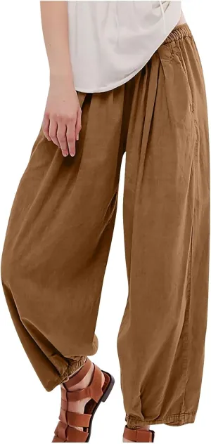 Linen Pants Women Wide Leg Pants 2024 Trendy Elastic Waist Pants Summer Flowy Casual Trousers Pants