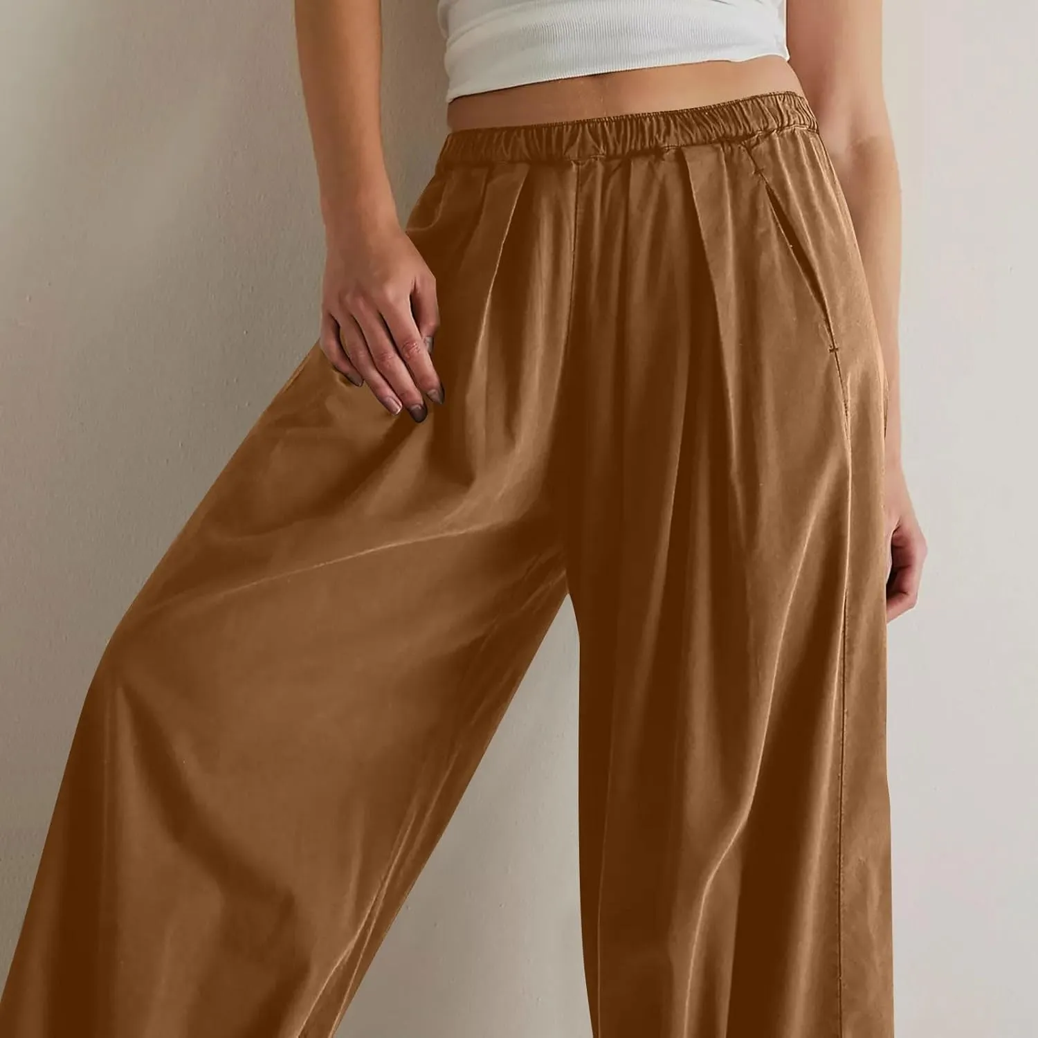 Linen Pants Women Wide Leg Pants 2024 Trendy Elastic Waist Pants Summer Flowy Casual Trousers Pants