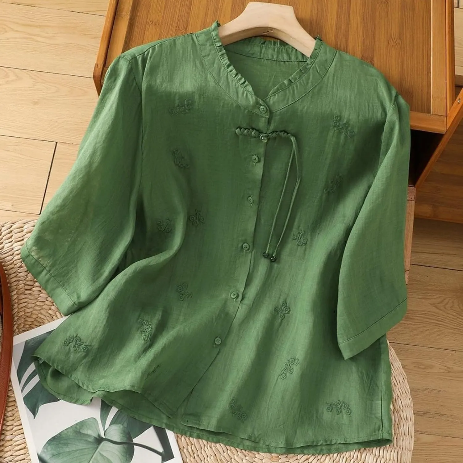 Linen Shirts for Women Crew Neck Embroidery Blouses Collar Dressy Tee Tops Short Sleeve Loose Tunic Tops