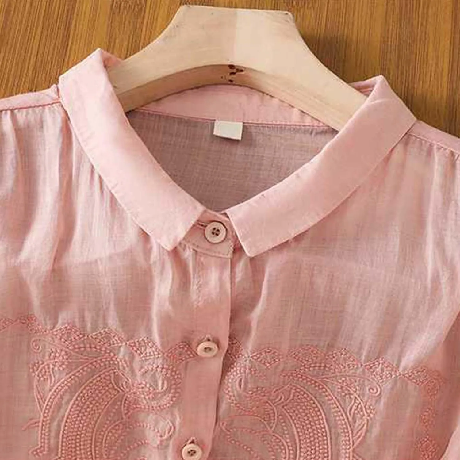 Linen Shirts for Women Crew Neck Embroidery Blouses Collar Dressy Tee Tops Short Sleeve Loose Tunic Tops
