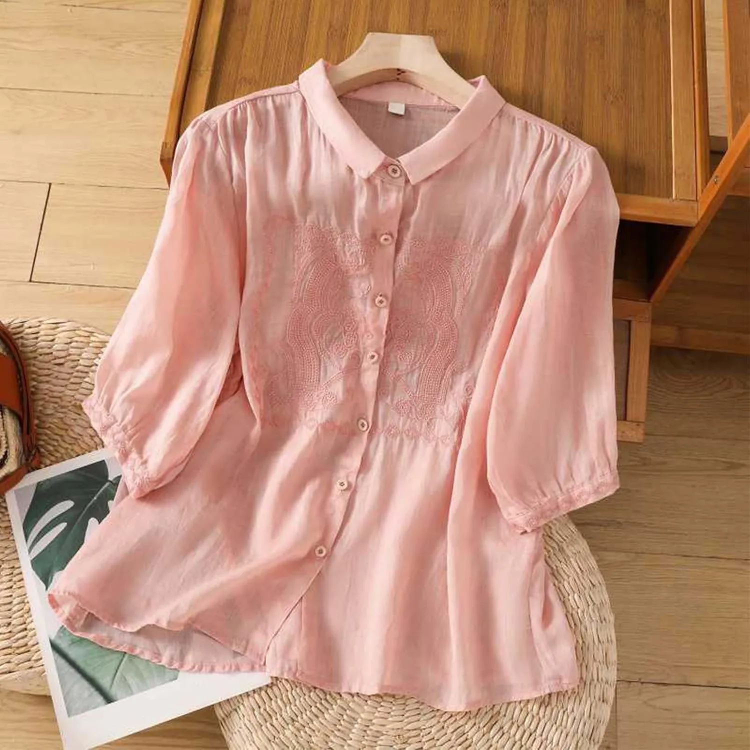 Linen Shirts for Women Crew Neck Embroidery Blouses Collar Dressy Tee Tops Short Sleeve Loose Tunic Tops