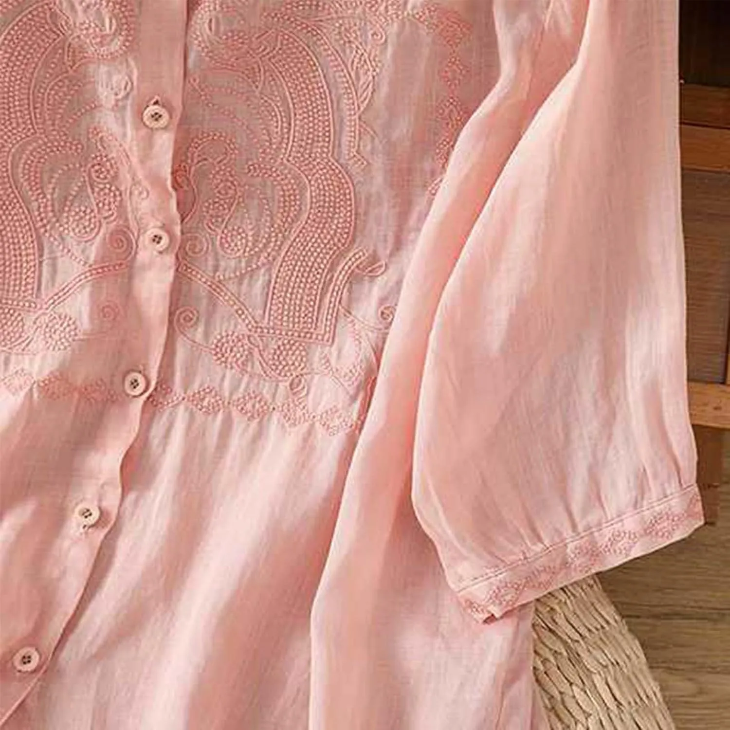 Linen Shirts for Women Crew Neck Embroidery Blouses Collar Dressy Tee Tops Short Sleeve Loose Tunic Tops