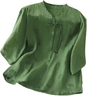 Linen Shirts for Women Crew Neck Embroidery Blouses Collar Dressy Tee Tops Short Sleeve Loose Tunic Tops