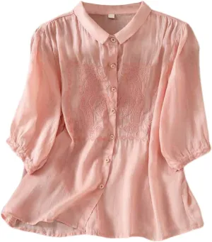 Linen Shirts for Women Crew Neck Embroidery Blouses Collar Dressy Tee Tops Short Sleeve Loose Tunic Tops