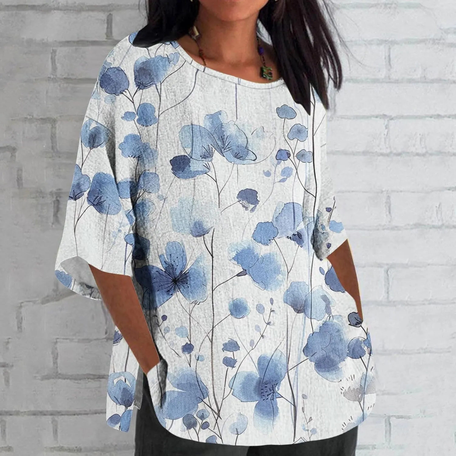 Linen Shirts for Women Loose Fit Casual 3/4 Sleeve Tops Retro Print Tshirt Tunic Cotton Blouse 2025 Summer Basic Tees