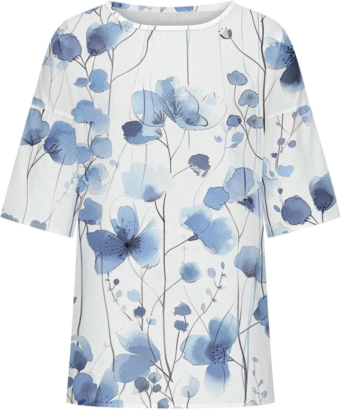 Linen Shirts for Women Loose Fit Casual 3/4 Sleeve Tops Retro Print Tshirt Tunic Cotton Blouse 2025 Summer Basic Tees