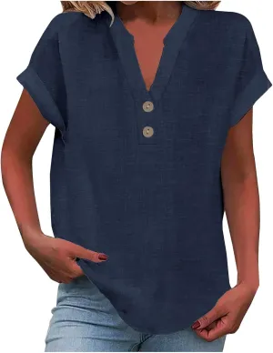 Linen Shirts for Women Summer,Short Sleeve V Neck Loose Fit Tops Casual Tshirt Button Down Soft Tunic Blouses 2025