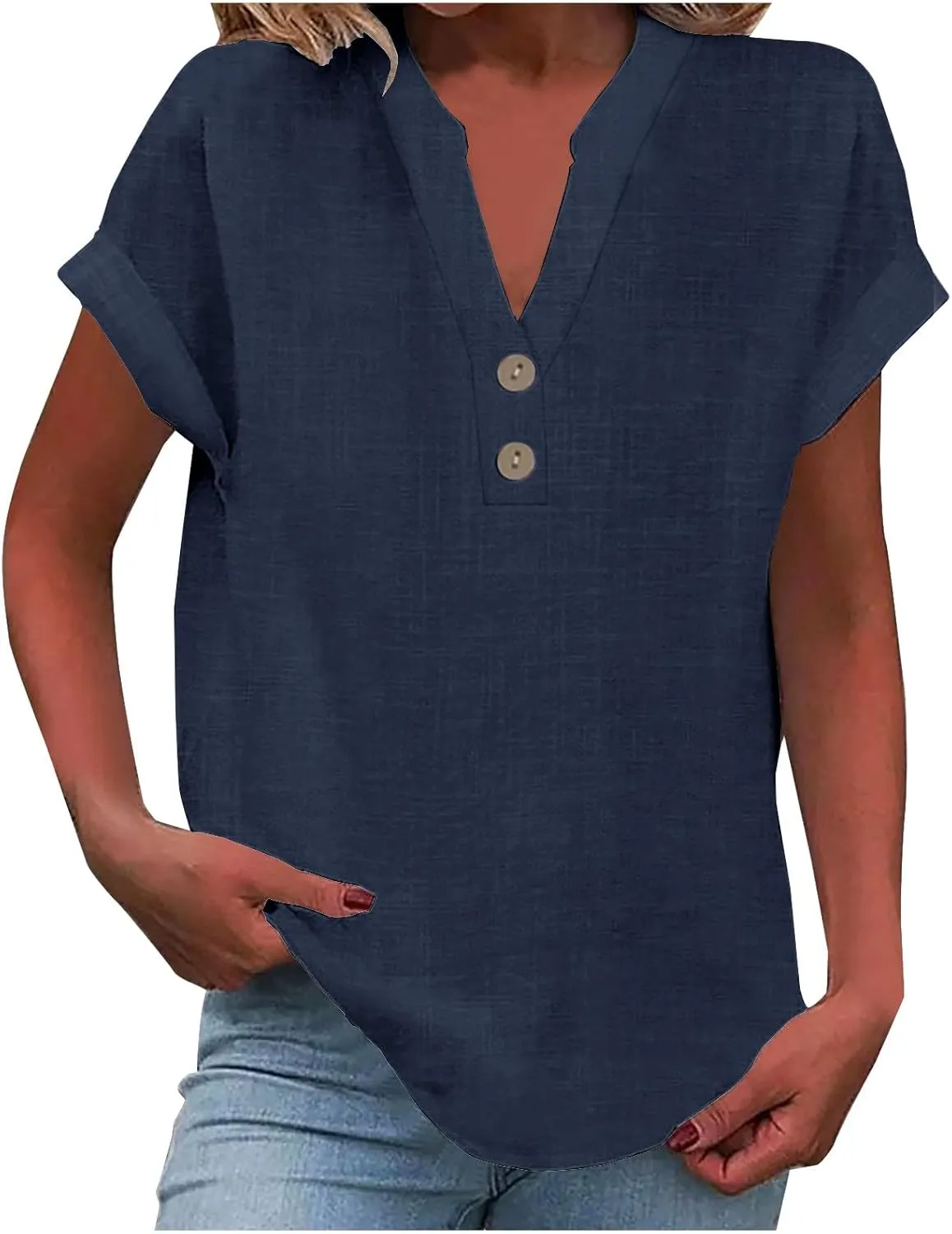 Linen Shirts for Women Summer,Short Sleeve V Neck Loose Fit Tops Casual Tshirt Button Down Soft Tunic Blouses 2025