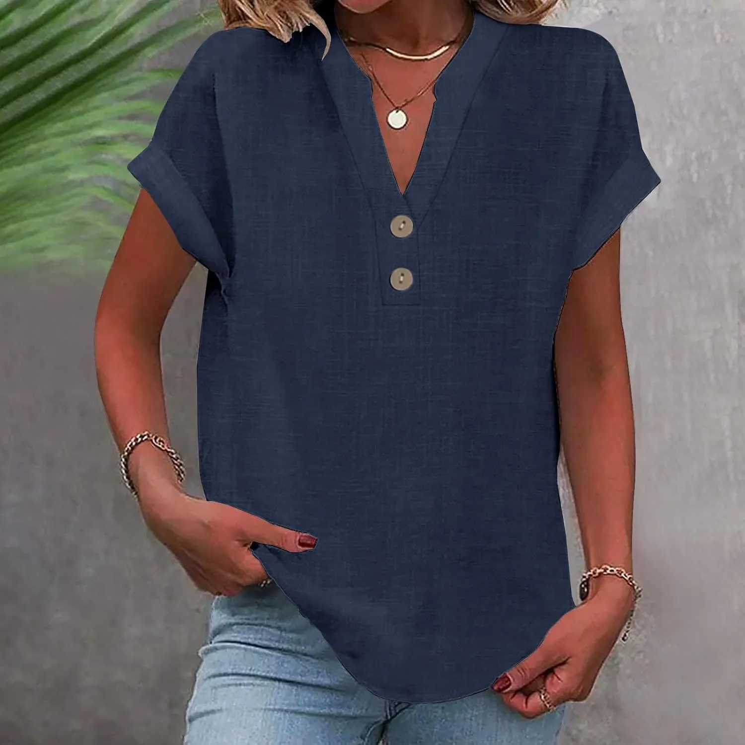 Linen Shirts for Women Summer,Short Sleeve V Neck Loose Fit Tops Casual Tshirt Button Down Soft Tunic Blouses 2025