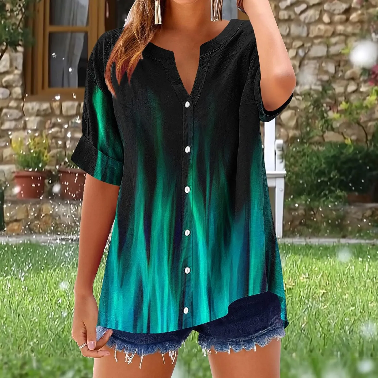 Linen Shirts Women Loose Fit Roll Up Short Sleeve Blouse Notch V Neck Button Down Tops Cute Print T-Shirt Summer 2025