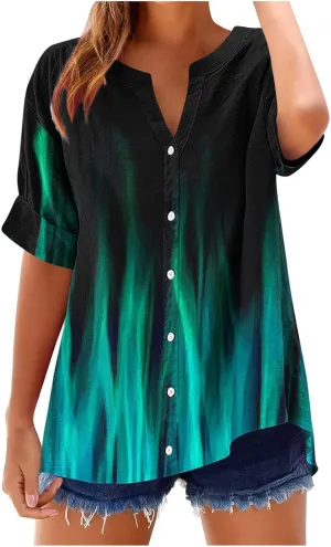 Linen Shirts Women Loose Fit Roll Up Short Sleeve Blouse Notch V Neck Button Down Tops Cute Print T-Shirt Summer 2025