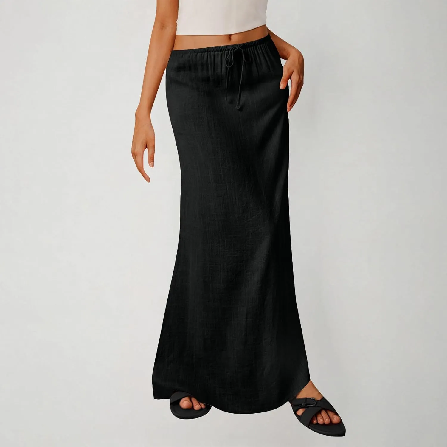 Linen Skirts for Women Summer Trendy Drawstring Low Waist A Line Skirt Casual Loose Flowy Beach Vacation Boho Skirts