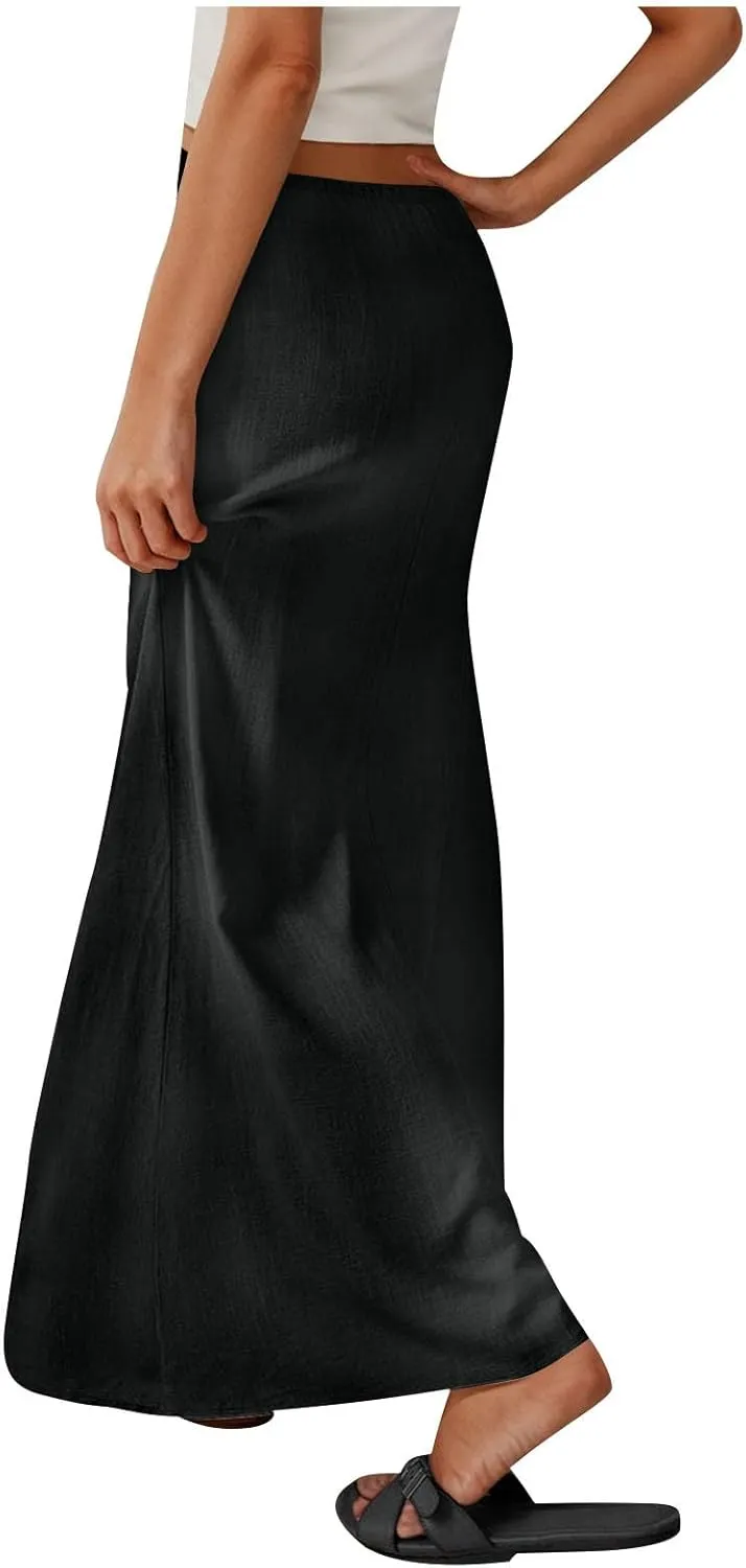 Linen Skirts for Women Summer Trendy Drawstring Low Waist A Line Skirt Casual Loose Flowy Beach Vacation Boho Skirts