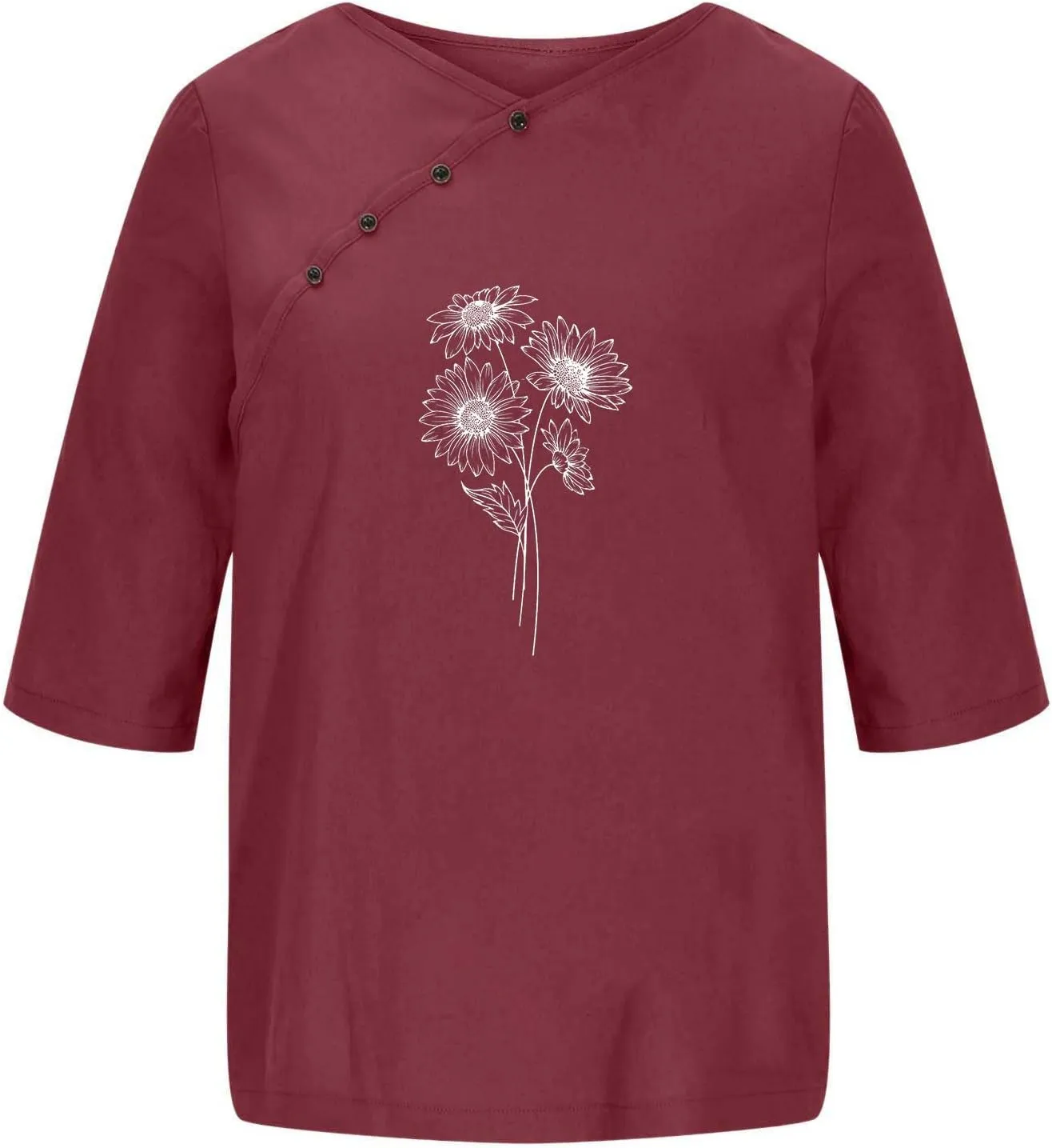 Linen Tops For Women Crewneck Button Down Floral Blouse Tops Dressy Casual Summer Oversized Tshirts 2024