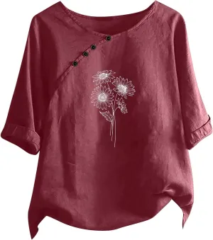 Linen Tops For Women Crewneck Button Down Floral Blouse Tops Dressy Casual Summer Oversized Tshirts 2024