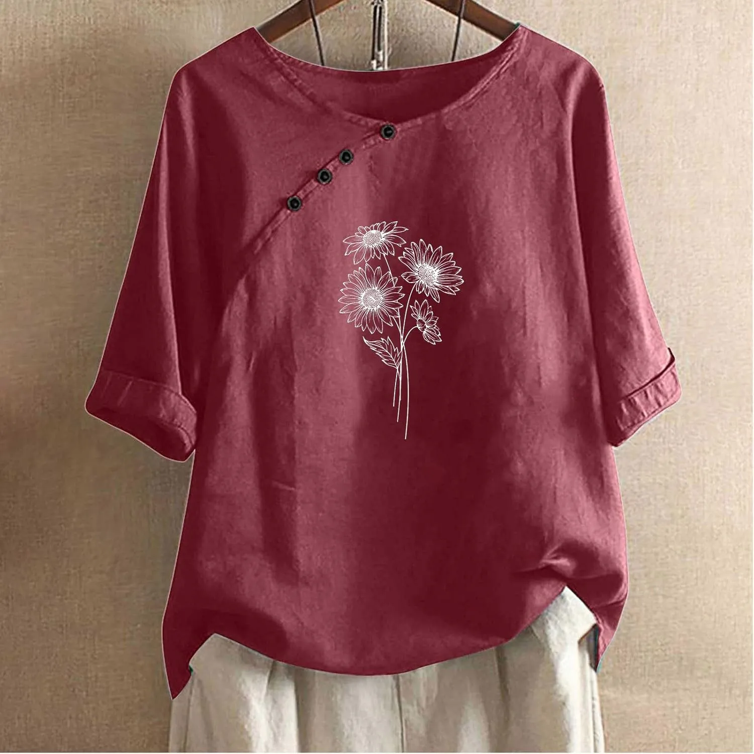 Linen Tops For Women Crewneck Button Down Floral Blouse Tops Dressy Casual Summer Oversized Tshirts 2024