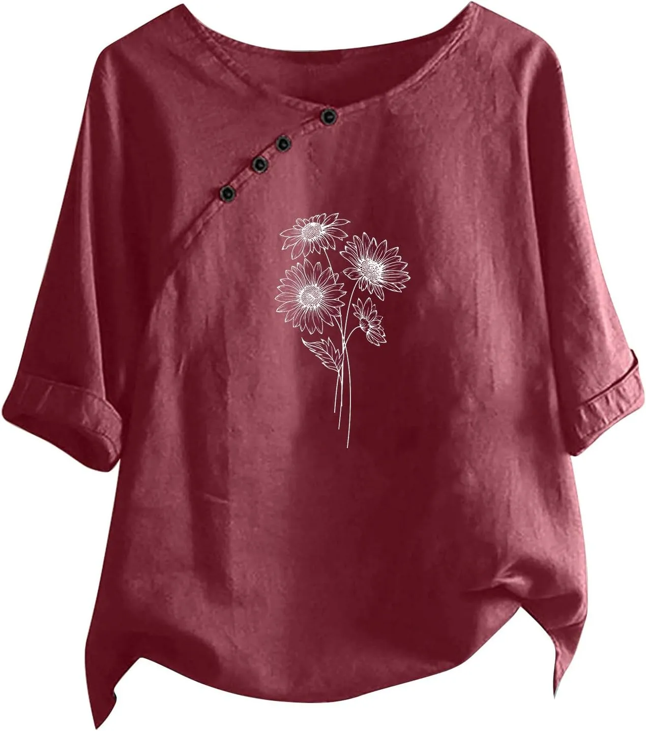 Linen Tops For Women Crewneck Button Down Floral Blouse Tops Dressy Casual Summer Oversized Tshirts 2024