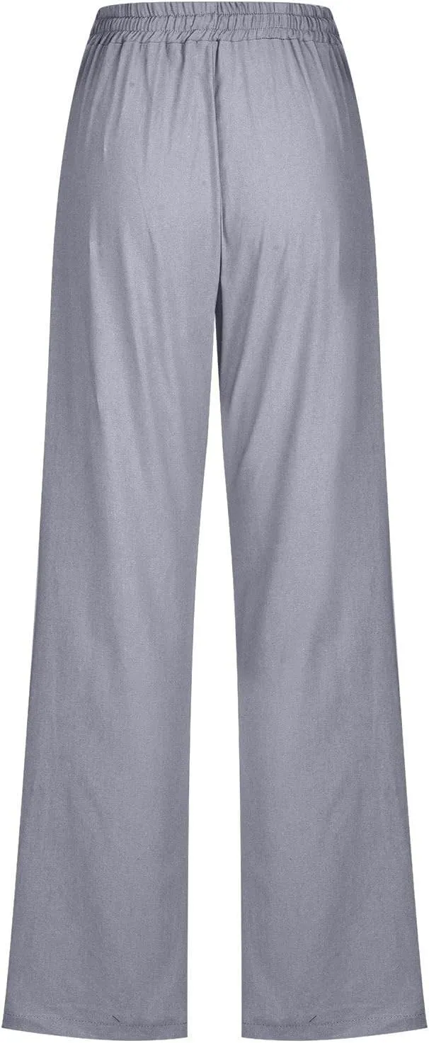 Lmdudan Cotton Linen Pants Women Summer Loose Straight Leg Pants Casual Drawstring Elastic Waist Beach Trousers with Pockets
