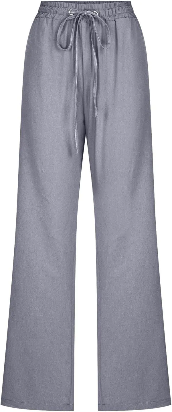 Lmdudan Cotton Linen Pants Women Summer Loose Straight Leg Pants Casual Drawstring Elastic Waist Beach Trousers with Pockets