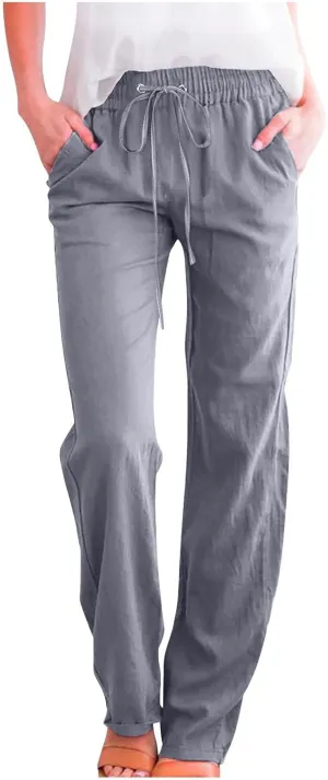 Lmdudan Cotton Linen Pants Women Summer Loose Straight Leg Pants Casual Drawstring Elastic Waist Beach Trousers with Pockets