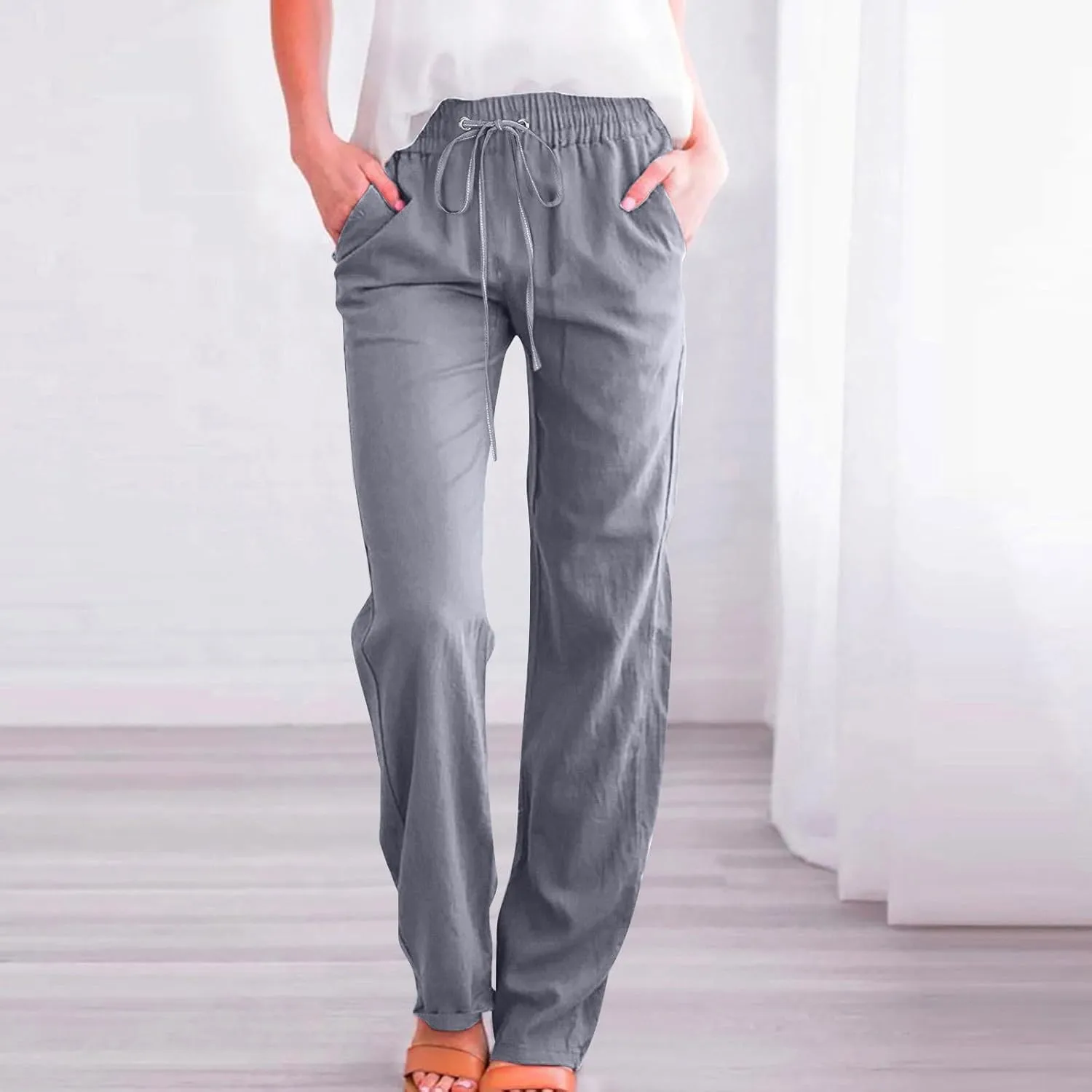 Lmdudan Cotton Linen Pants Women Summer Loose Straight Leg Pants Casual Drawstring Elastic Waist Beach Trousers with Pockets