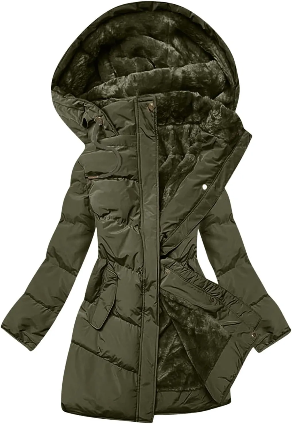 Long Coats for Women Button Down Fleece Lined Puffer Jackets Thicken Warm Fur Hooded Solid Parka Outerwear with Pockets