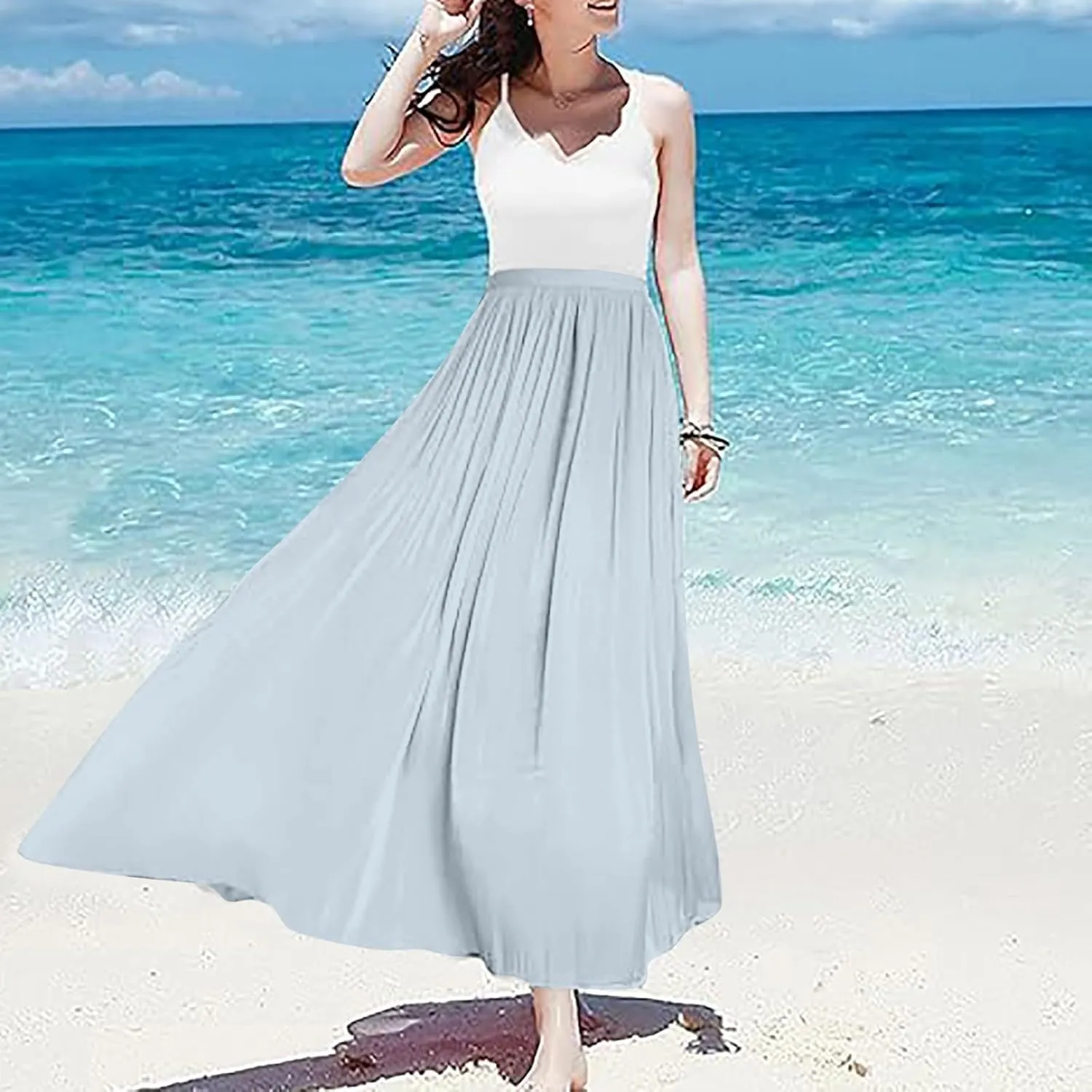 Long Maxi Skirts for Women Summer Flared A-Line Loose High Elastic Waist Pleated Skirts for Vacation Streetwear 2025