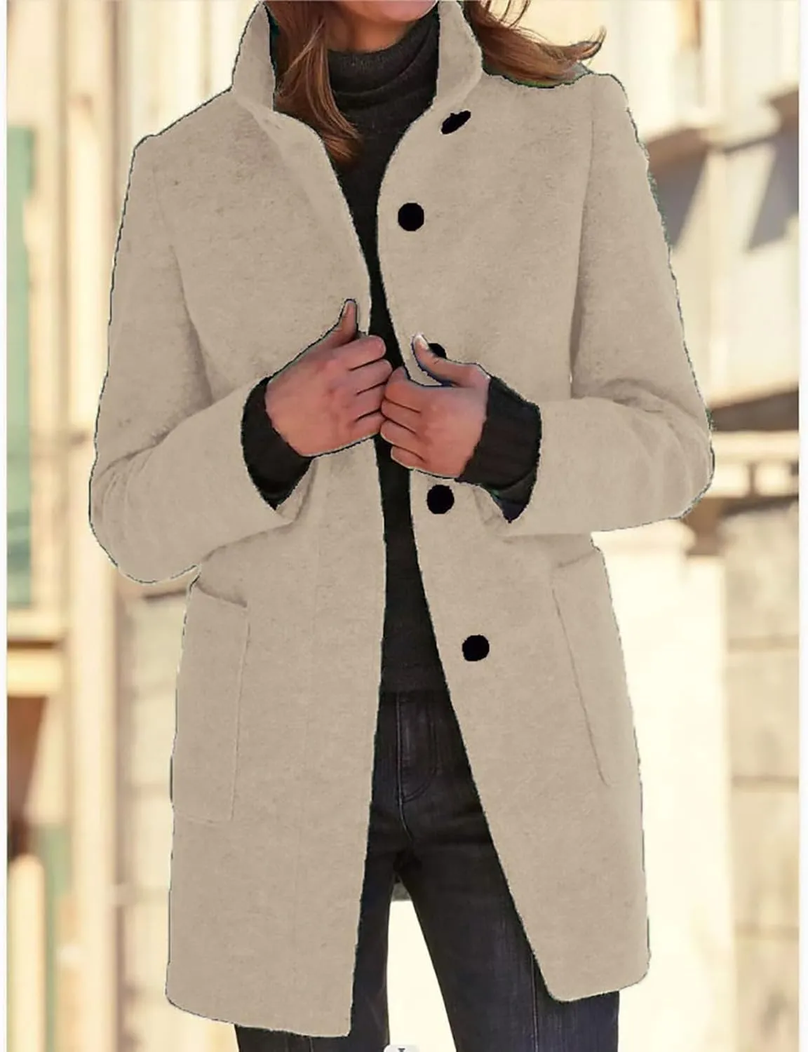 Long Pea Coats for Women Oversized Stand Collar Single Breasted Thicken Blazer Wool Blend Peacoat Jacket with Pockets