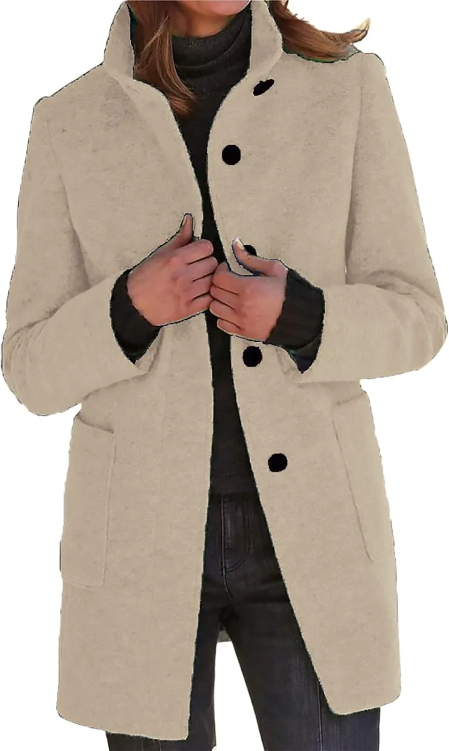 Long Pea Coats for Women Oversized Stand Collar Single Breasted Thicken Blazer Wool Blend Peacoat Jacket with Pockets