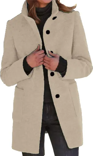 Long Pea Coats for Women Oversized Stand Collar Single Breasted Thicken Blazer Wool Blend Peacoat Jacket with Pockets