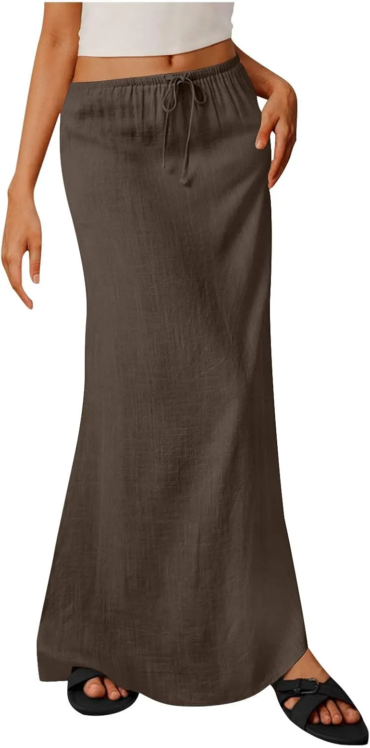 Long Skirts for Women Boho Linen Skirts Drawstring Waist Casual Summer Skirts Flare Maxi Skirts for Beach Vacation