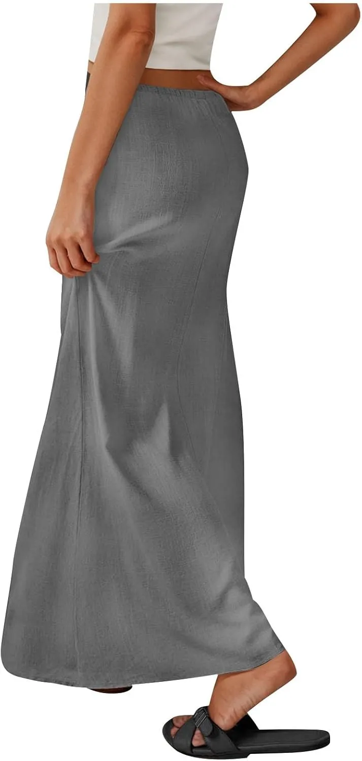 Long Skirts for Women Boho Linen Skirts Drawstring Waist Casual Summer Skirts Flare Maxi Skirts for Beach Vacation