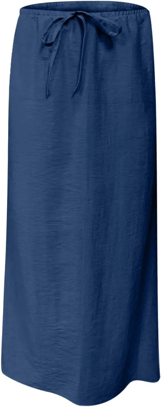 Long Skirts for Women Boho Linen Skirts Drawstring Waist Casual Summer Skirts Flare Maxi Skirts for Beach Vacation