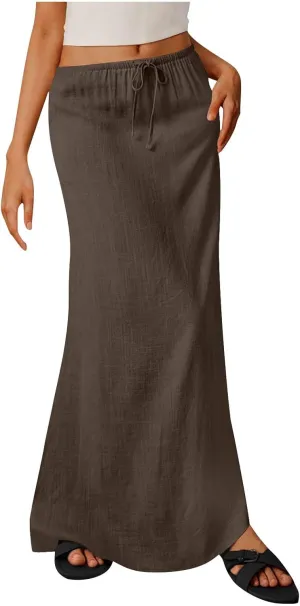 Long Skirts for Women Boho Linen Skirts Drawstring Waist Casual Summer Skirts Flare Maxi Skirts for Beach Vacation