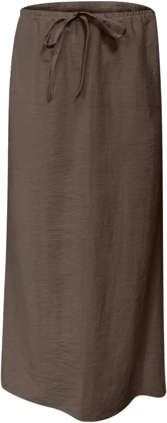 Long Skirts for Women Boho Linen Skirts Drawstring Waist Casual Summer Skirts Flare Maxi Skirts for Beach Vacation